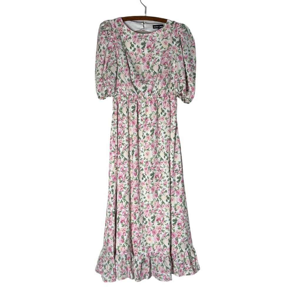 Sister Jane White Pink Floral Garden Back Bow Cut Out Maxi Ruffle Hem Dress XS